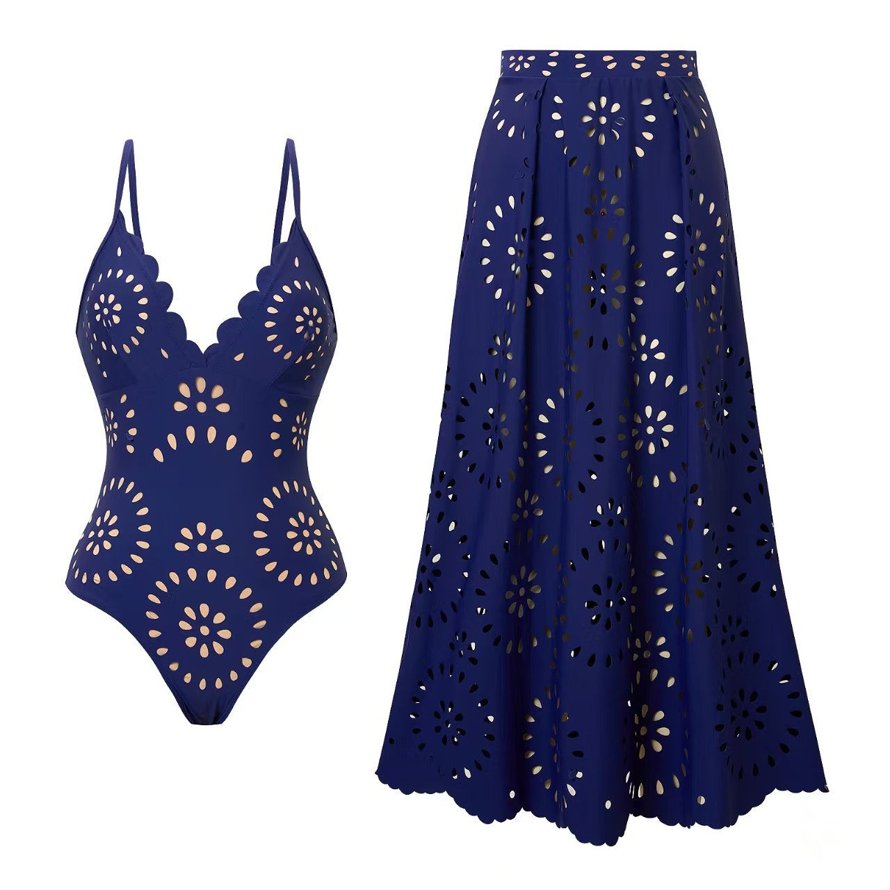 Laser Cutting Flower Hollow One Piece Swimsuit and Skirt