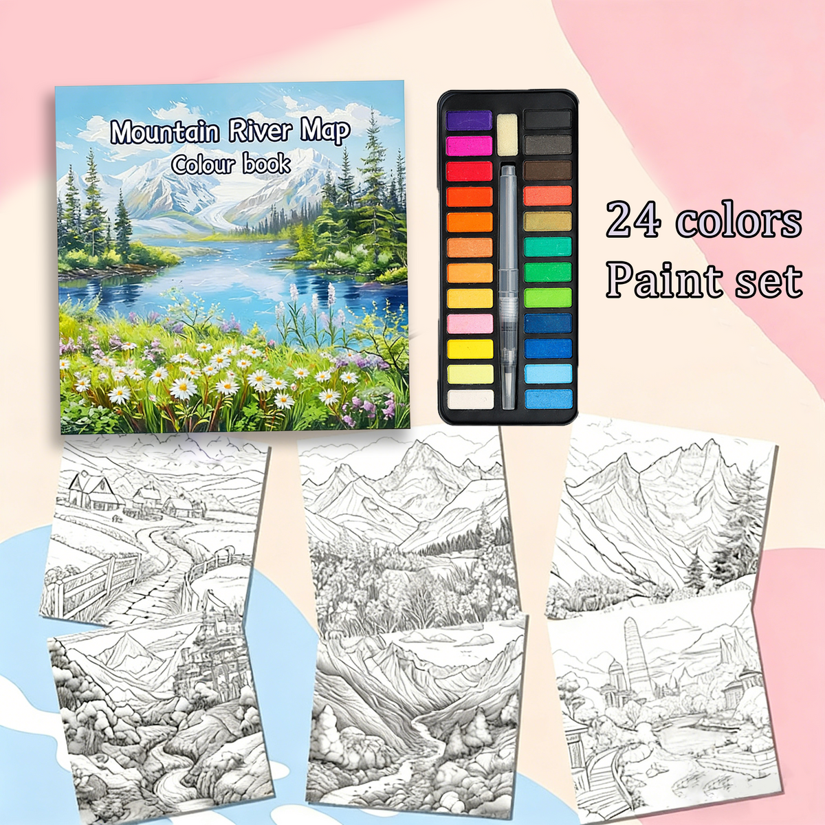 Mountains and Rivers Coloring Book With 24 colors Paint set