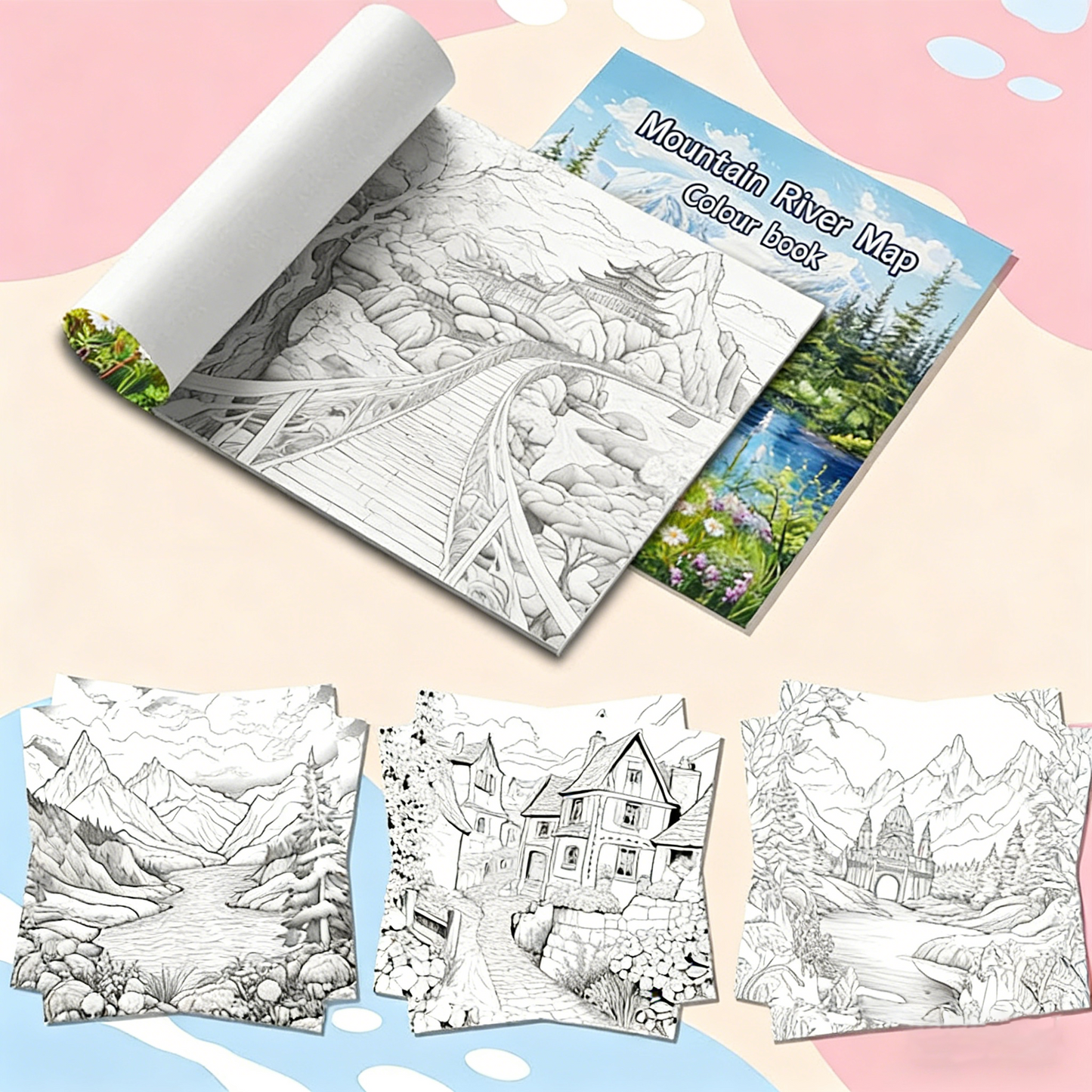 Mountains and Rivers Coloring Book With 24 colors Paint set