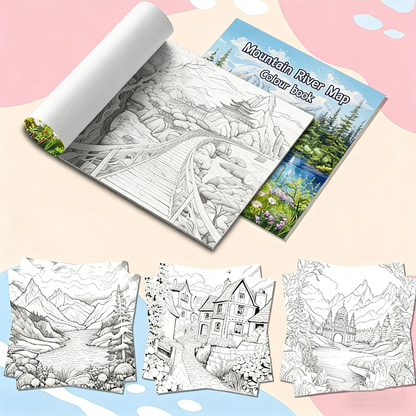 Mountains and Rivers Coloring Book With 24 colors Paint set
