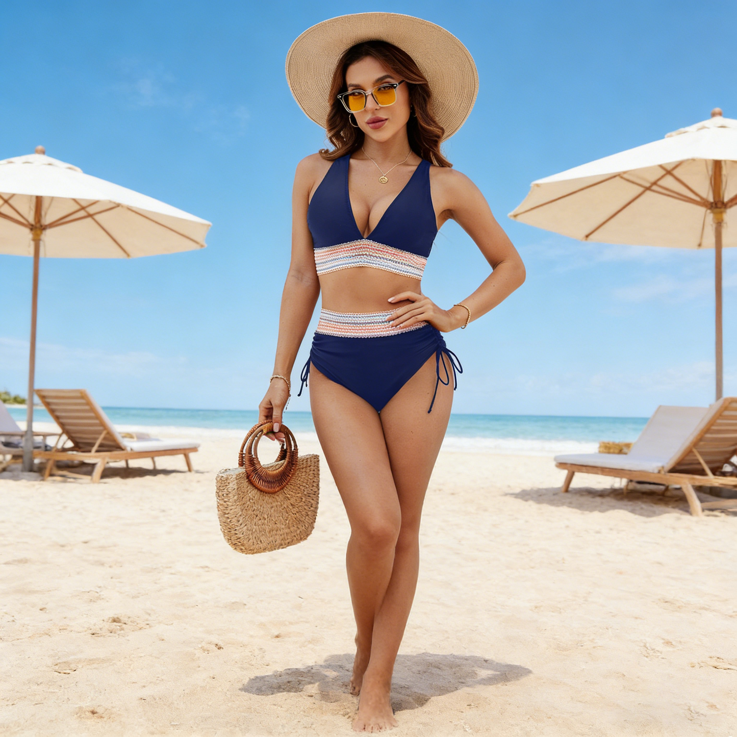 High Waisted Tummy Control Color Block Bikini Sets