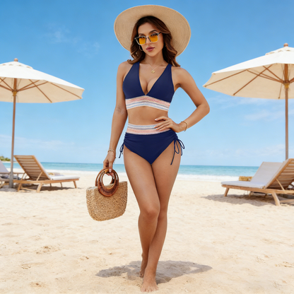 High Waisted Tummy Control Color Block Bikini Sets