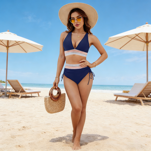 High Waisted Tummy Control Color Block Bikini Sets