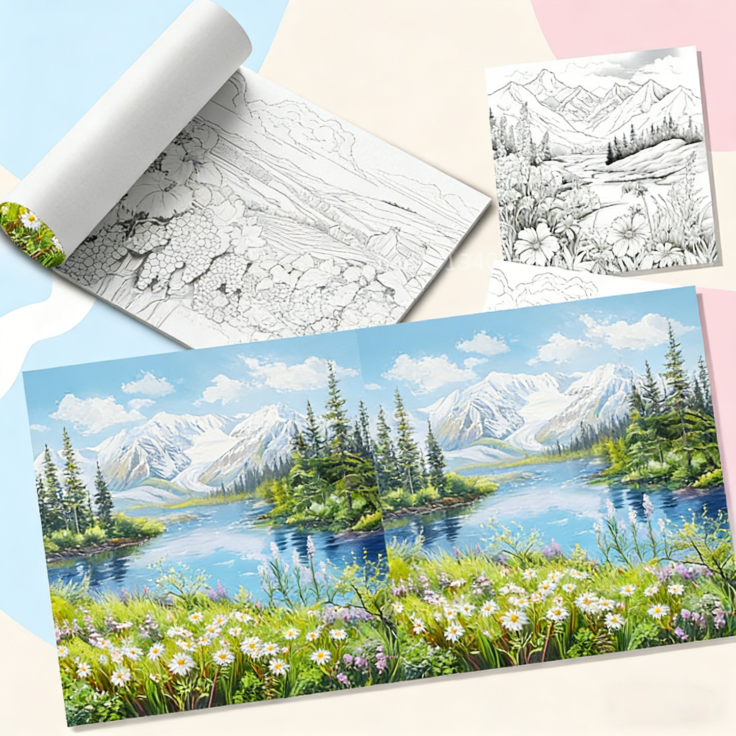 Mountains and Rivers Coloring Book With 24 colors Paint set