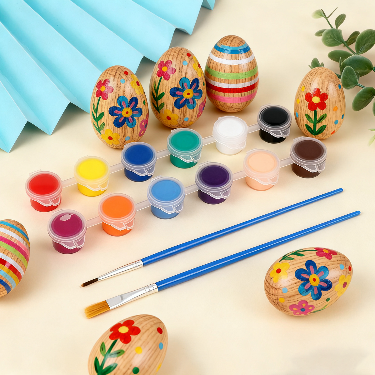 3 PCS Personalized Wood Easter Egg & 12 colors of paint+2 pens
