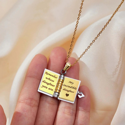 Flip-top engraved book necklace