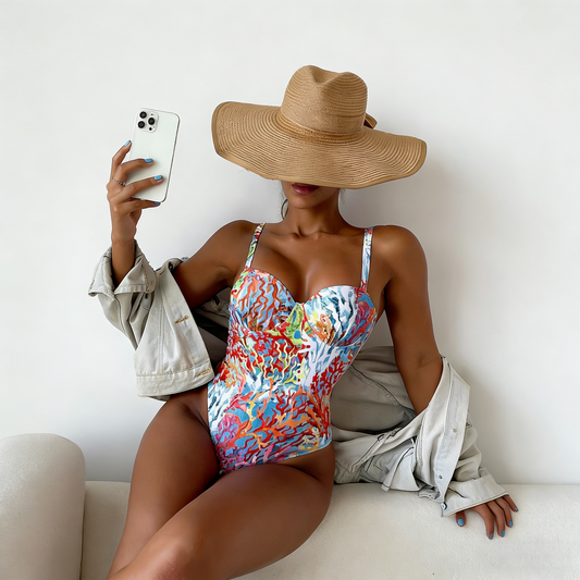 Coral Print Push-Up One-Piece Swimsuit for Women