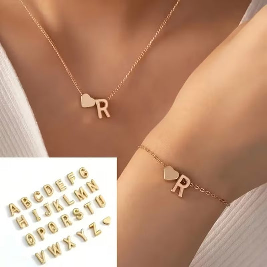 Forever Love & 26 Letter Necklace Bracelet Set