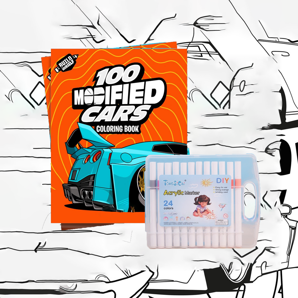 100 Modified Cars Coloring Book With 24-color watercolor pencils