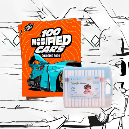 100 Modified Cars Coloring Book With 24-color watercolor pencils