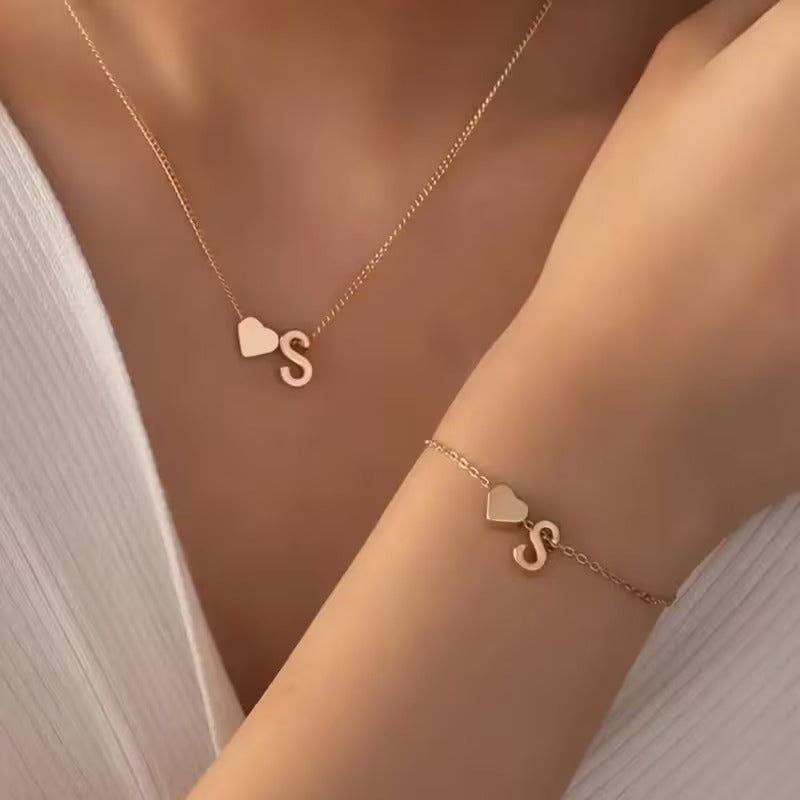 Forever Love & 26 Letter Necklace Bracelet Set