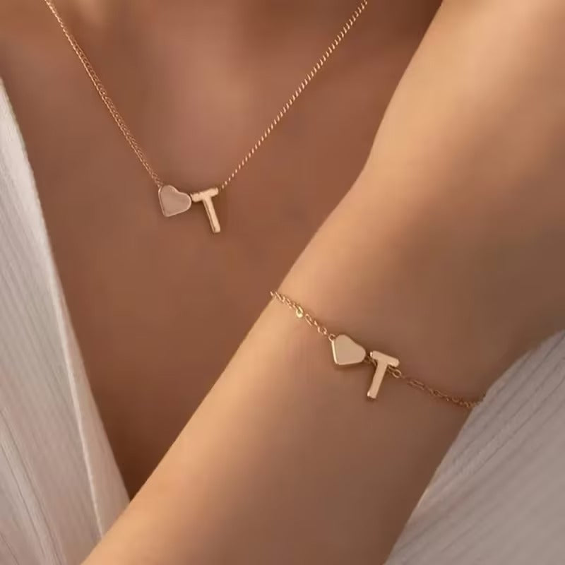 Forever Love & 26 Letter Necklace Bracelet Set
