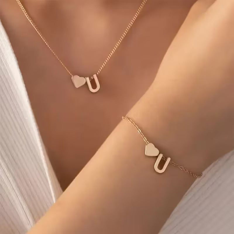 Forever Love & 26 Letter Necklace Bracelet Set