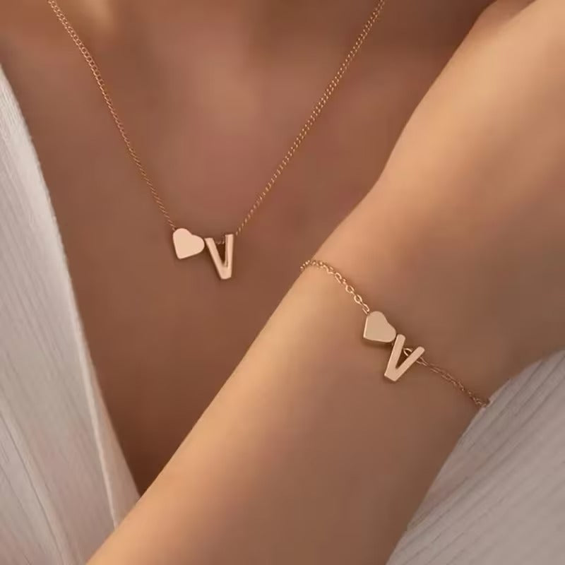 Forever Love & 26 Letter Necklace Bracelet Set