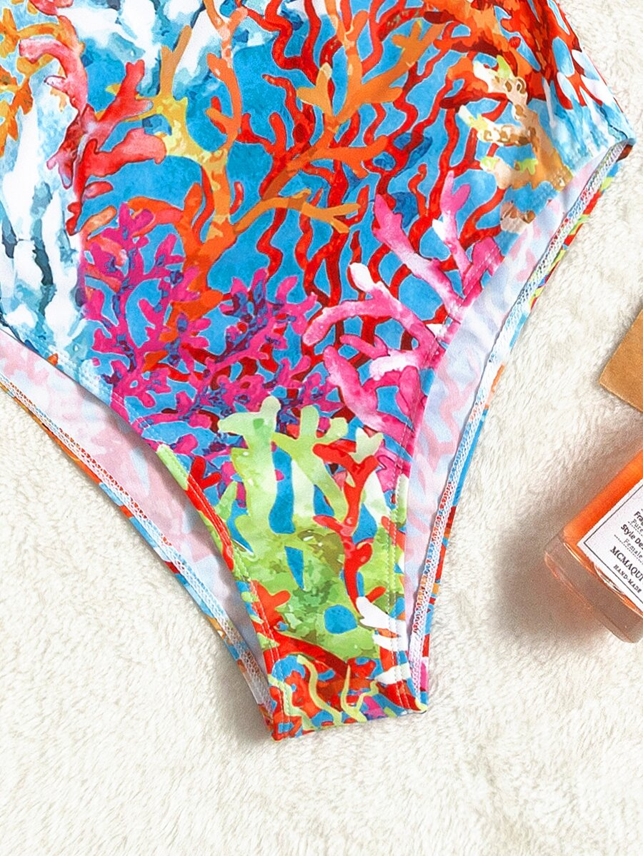 Coral Print Push-Up One-Piece Swimsuit for Women