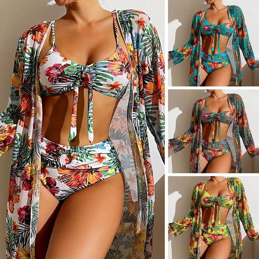 Women's 3 Piece Swimsuit Floral Print Halter Bikini Set