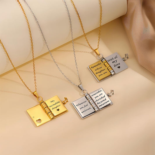 Flip-top engraved book necklace