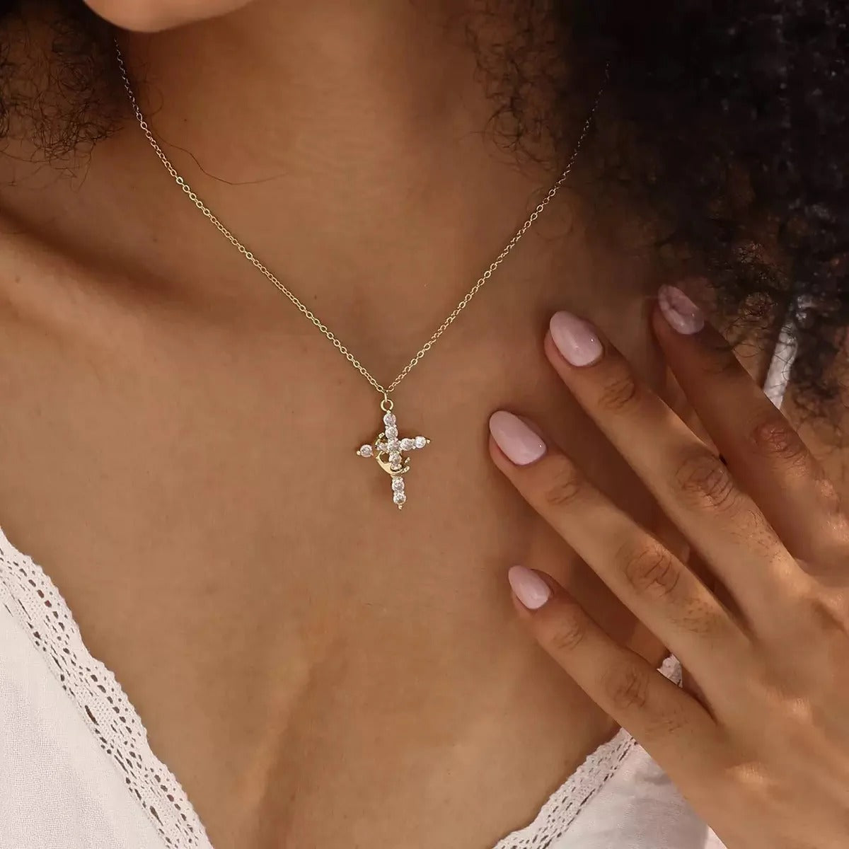 Zircon crown cross necklace