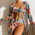Women's 3 Piece Swimsuit Floral Print Halter Bikini Set