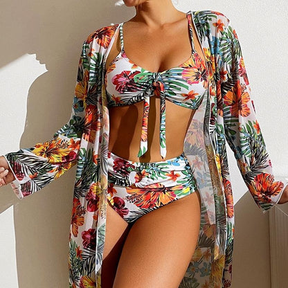 Women's 3 Piece Swimsuit Floral Print Halter Bikini Set