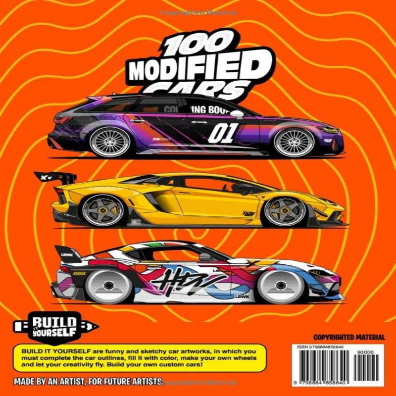 100 Modified Cars Coloring Book With 24-color watercolor pencils