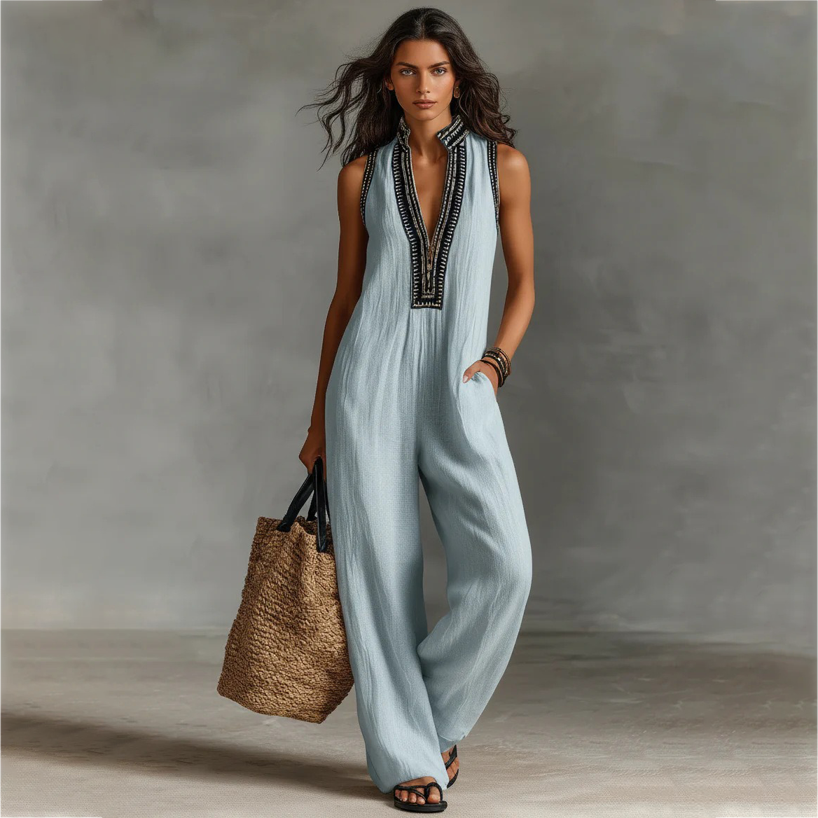 Women's Simple Linen-blend Sleeveless Jumpsuit