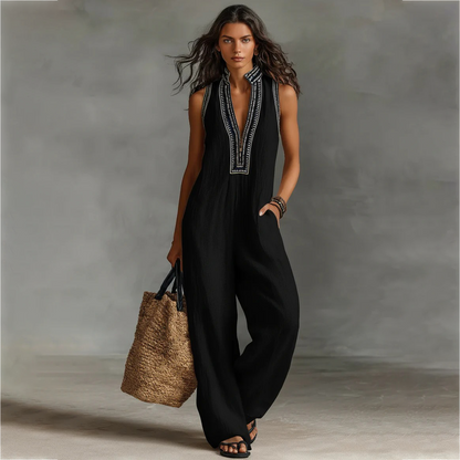 Women's Simple Linen-blend Sleeveless Jumpsuit