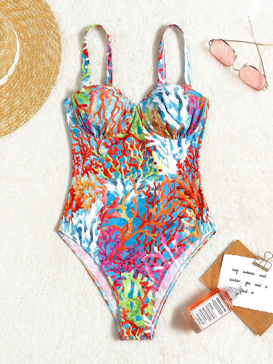 Coral Print Push-Up One-Piece Swimsuit for Women