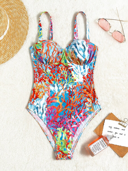 Coral Print Push-Up One-Piece Swimsuit for Women