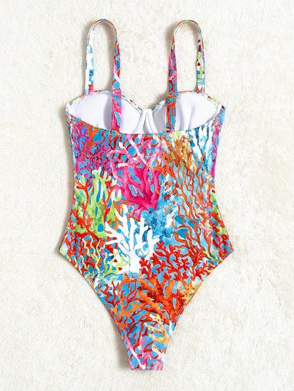 Coral Print Push-Up One-Piece Swimsuit for Women