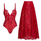 Laser Cutting Flower Hollow One Piece Swimsuit and Skirt