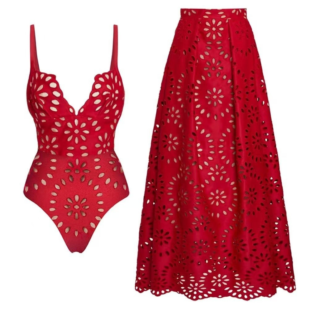 Laser Cutting Flower Hollow One Piece Swimsuit and Skirt