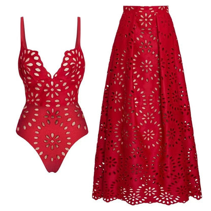 Laser Cutting Flower Hollow One Piece Swimsuit and Skirt