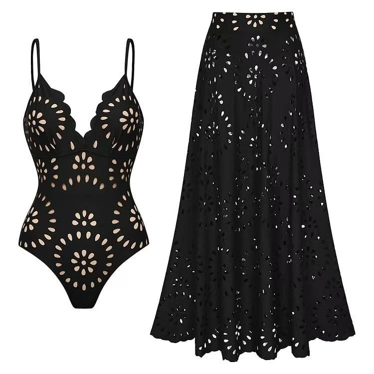 Laser Cutting Flower Hollow One Piece Swimsuit and Skirt