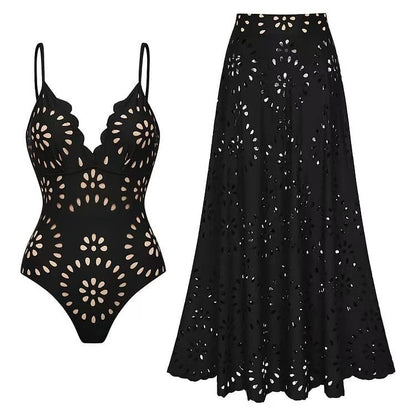 Laser Cutting Flower Hollow One Piece Swimsuit and Skirt