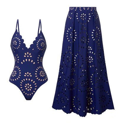 Laser Cutting Flower Hollow One Piece Swimsuit and Skirt